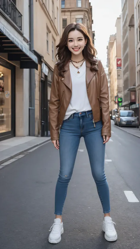 Highest quality,Woman Standing In The Street、Full body photo 、Head to toe、,smile、Beautiful teeth alignment、Light brown hair、hairstyle semi long、Wavy Hair、Dark eyeliner、Jacket、shirt、Skinny jeans、sneakers、ear piercing、necklace,、The background is the building...