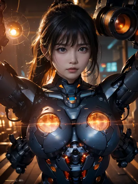 (a humanoid has mechanical body and head, (((emit rays from many lens on her body))), (cables), round face, in a huge factory), ((mechanical chest and hands, ((dropping machine oil from her body)))), drooping eyes,