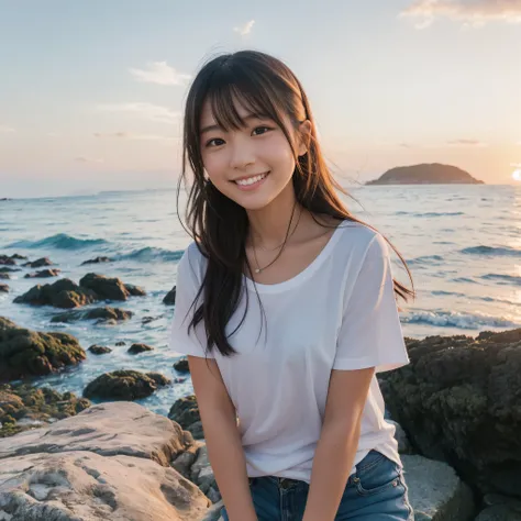 young Japanese girl portrait, small island beach, rugged rocky shore, beautiful rock scenery background, smiling, wearing a white t-shirt, modern casual fashion, summer evening sunset, cohesive colors