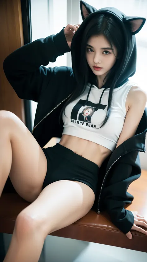 1 girl，camera looking down upon，huge ，black hoodie，no shorts，no pants，panties，thigh，black hair，cat ears,