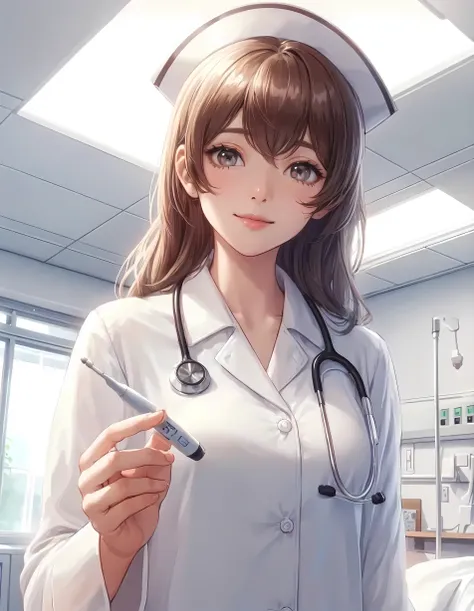 1lady solo, (looking down), (from below), healthcare worker, (nurse uniform), (mature female:0.8), /(light brown hair/) bangs, kind smile, (masterpiece best quality:1.2) delicate illustration ultra-detailed, large breasts, (holding thermometer) (presenting...