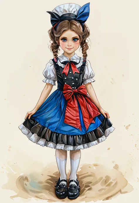 a girl in gothic lolita fashion using the french flag、12 years old、smile、paris theme、(clothes in french flag colors:1.4)、solo、be...