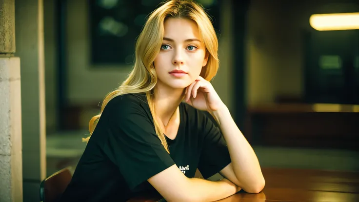 Beautiful blonde with big breasts in a black T-shirt、Many tattoos on the arms、 (Late night school hallway、walk),Candlelight only,Very detailed, 21 years old, Innocent face, Wavy Hair, blue eyes, High resolution, masterpiece, Highest quality, Intricate deta...