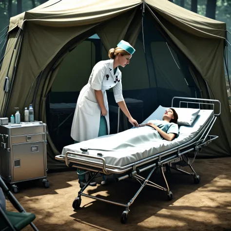 Battlefield nurse, simple tent, medical equipment, cots, highly detailed, intricate details, cinematic lighting, concept art,