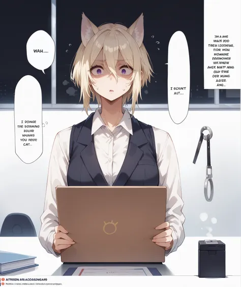 1 girl,short hair,blonde hair,purple eyes,cat ears,tall woman,dialogue windows,in the office,waking up from hipnosis,office lady...