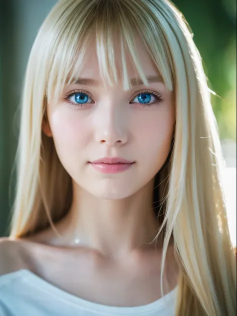 One Girl, 17 years old, alone, Super long hair, huge , View your viewers, ((Dazzling blonde hair,)) Very beautiful large pale blue eyes、White beautiful skin、Glowing Skin、Gloss Face、Cheek gloss、Bright expression、Small Face Beauty、Long bangs that hang down b...