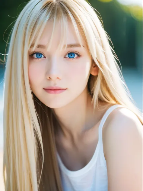 One Girl, 17 years old, alone, Super long hair, huge , View your viewers, ((Dazzling blonde hair,)) Very beautiful large pale blue eyes、White beautiful skin、Glowing Skin、Gloss Face、Cheek gloss、Bright expression、Small Face Beauty、Long bangs that hang down b...