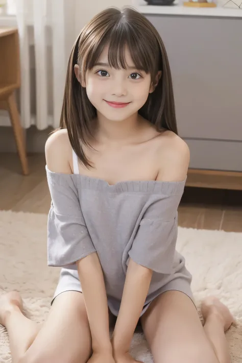 (10_yo:1.5),thighs_shot,bangs,micro_dress,panty,sitting_on_floor_with_one_knee_up,(narrow_eyes:1.5),off_shoulder,smile