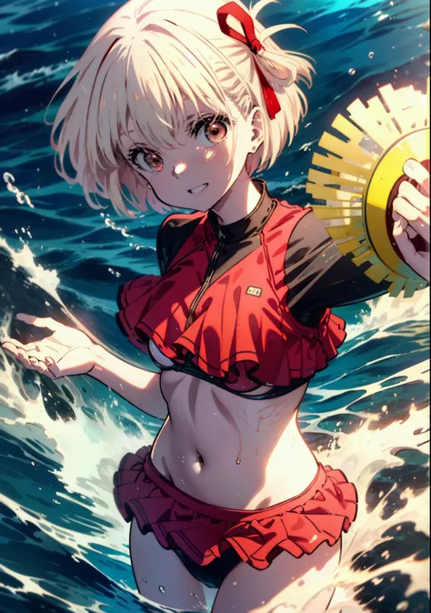 chisato nishikigi, short hair, bangs, blonde, smile,(red eyes:1.5),hair ribbon, one side up, bobcut,smile,red frilly bikini swim...