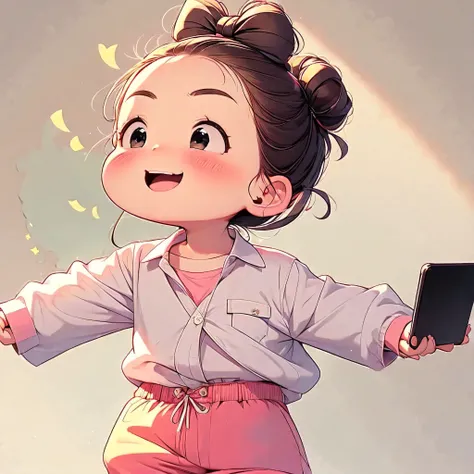 a  with a pink bow holding a smartphone while talking to someone, 1girl, yellow bow, jewelry, solo, earrings, phone,  eyes,  hair, bow, smile, open mouth, bag, cellphone, pink shirt, shorts, hair bow, holding phone,sad