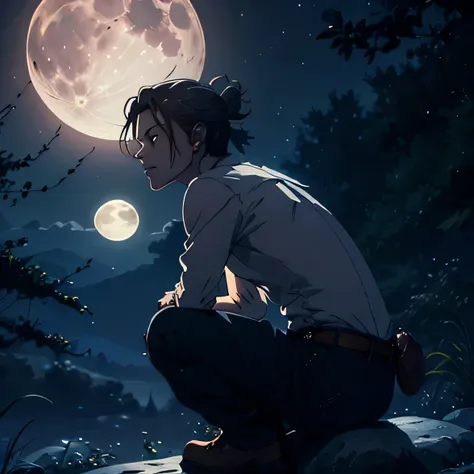 (man) on a magical moonlit night, a boy sits gracefully on a stone ledge, his silhouette defined against the soft glow of the lu...