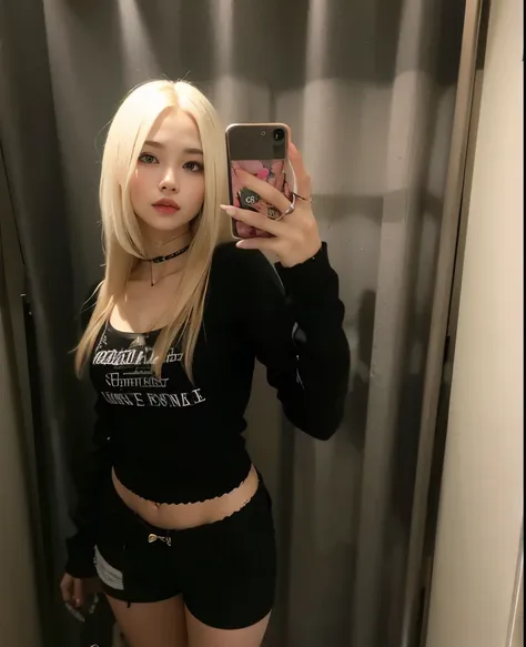 blond woman taking a selfie in a mirror in a bathroom, cruel korean goth girl, parque roseanne de blackpink, with white long hai...