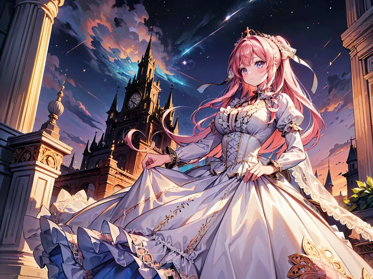 ((Superbly detailed drawing, ultra detailed, exquisite quality, absolutely resolution)), (((young face solo princess))), (((Unsurpassed gorgeous rococo victorian gown with voluminous huge hoopskirt and long hems, princess style skirt:1.5))), ((transparency...