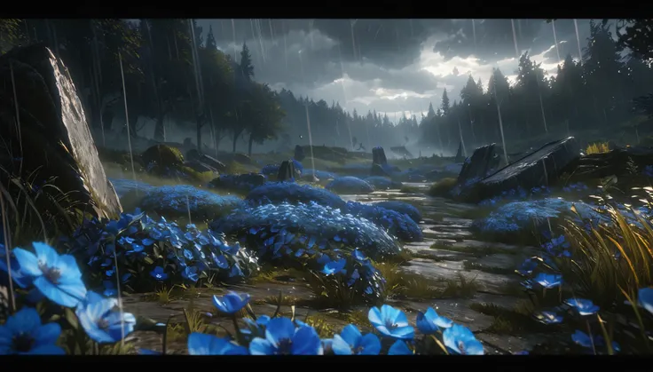  anime scenery, anime aestetics, anime lanscape, a blue field with a sky background, beautiful blue flowers, destroyed tombstones lying around, rain, dark grey clouds, beautiful grey trees, grey and blue coloure, elden ring cinematic lighting, unreal engin...