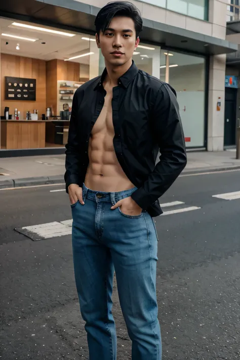 A handsome and cute tall asian boy with perfect face white skin, black hair, light pink lip, dressed in black shirt open showing abs in blue jeans pant full body pic