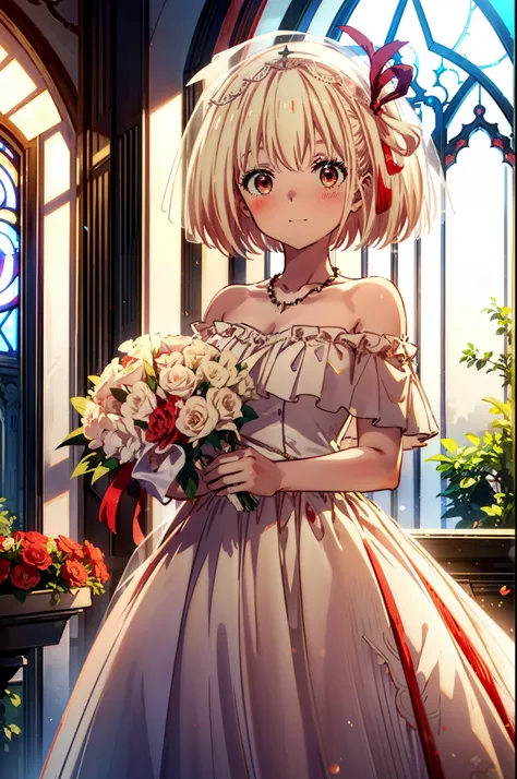 ,chisato nishikigi, short hair, bangs, Blonde, (Red eyes:1.5), hair ribbon, One side up, Bobcut,Veil,Off-the-shoulder wedding dresses,necklace,Veil,wedding long skirt,Holding a bouquet in both hands,smile,blush,So that the whole body goes into the illustra...