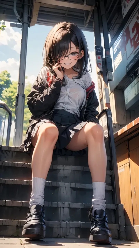 summer、Station platformでWaiting for the train、thick、Sweat、high school girl、summer服のセーラー服、、Low length、(((((Eyes hidden by long bangs)))))、(((長いBlack Hair:1.2)))(((Black-rimmed glasses)))、Strong sunlight、thicksummerの昼間、Station platform、Waiting for the train、...