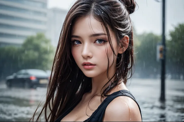 (Best quality, 8k, Masterpiece :1.3), pretty lady, 1 girl, sexy, dark brown long hair, half updo half-up half-down, detailed blue eyes, (rainy wet, wet from rain, wet body :1.2), white crop tops, ultra-detailed face, detailed lips, Super detailed eyes, dou...