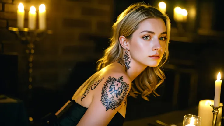 tatuados,Beautiful blonde with big breasts in a black dress、(Back tattoo、Many tattoos on both arms and neck)、 (Late night back alley、walk),Candlelight only,Very detailed, 21 years old, Innocent face, Wavy Hair, blue eyes, High resolution, masterpiece, High...