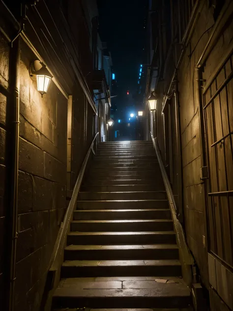 (masterpiece:1.2, Best Quality:1.2), 8K wallpaper, cinematic lighting, professional lighting, ultra High resolution, hyper realistic photograph, RAW photo, ((the down stairs leading to the basement, in old buildings)), beside street, back alley, Dotombori ...