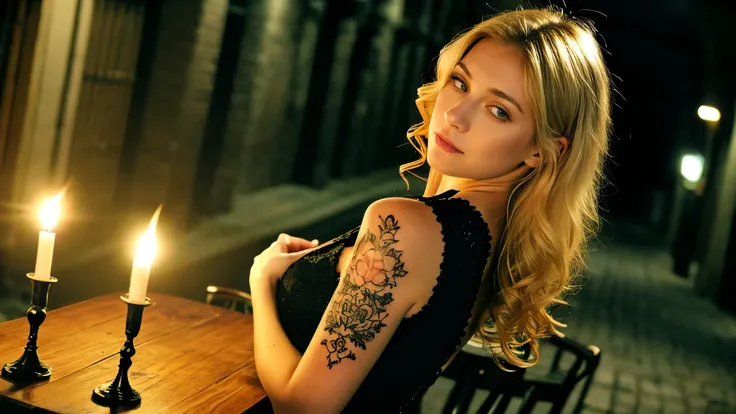 tatuados,Beautiful blonde with big breasts in a black dress、(Back tattoo、Many tattoos on both arms and neck)、 (Late night back alley、walk),Candlelight only,Very detailed, 21 years old, Innocent face, Wavy Hair, blue eyes, High resolution, masterpiece, High...