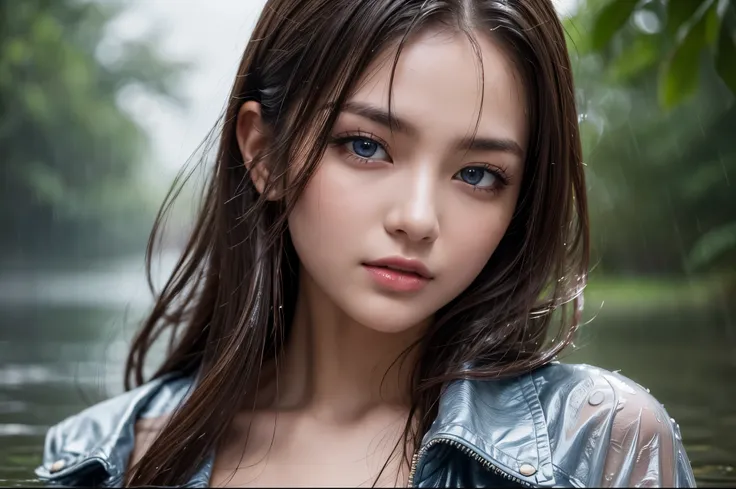 (Best quality, 8k, Masterpiece :1.3), pretty lady, 1 girl, lake, forest, dark brown long hair, wavy hair, detailed blue eyes, (rainy wet, wet from rain, wet body :1.2), white crop tops, ultra-detailed face, detailed lips, Super detailed eyes, double eyelid...