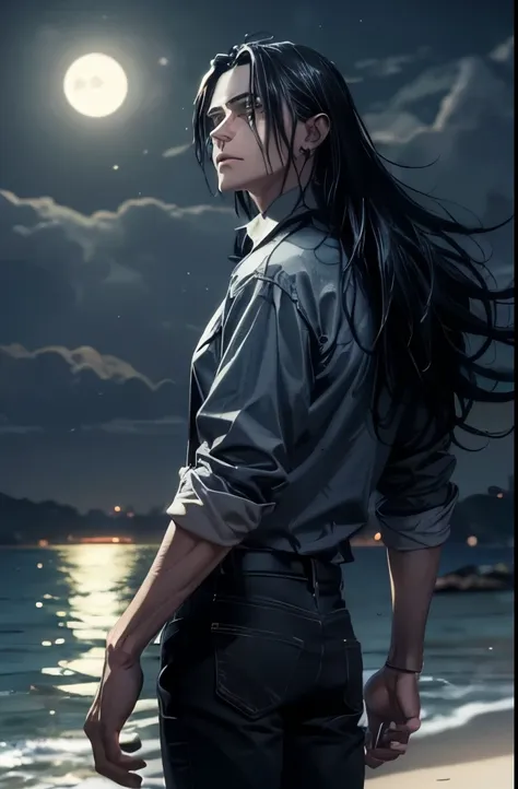 (masterpiece,best quality,4k,8k,absurdres:1.2),sharp and clear, 1boy, long messy black hair,intense glowing black eyes,moonlight...