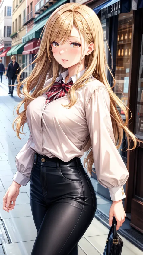 (best quality, highres, ultra-detailed eyes), cool adult woman, older sister type, elegant, confident, long hair, swept-side bang, [[[brown hair]]], blonde hair, brown eyes, blush, street scene, walking, stylish clothes, ultra-detailed, vibrant colors