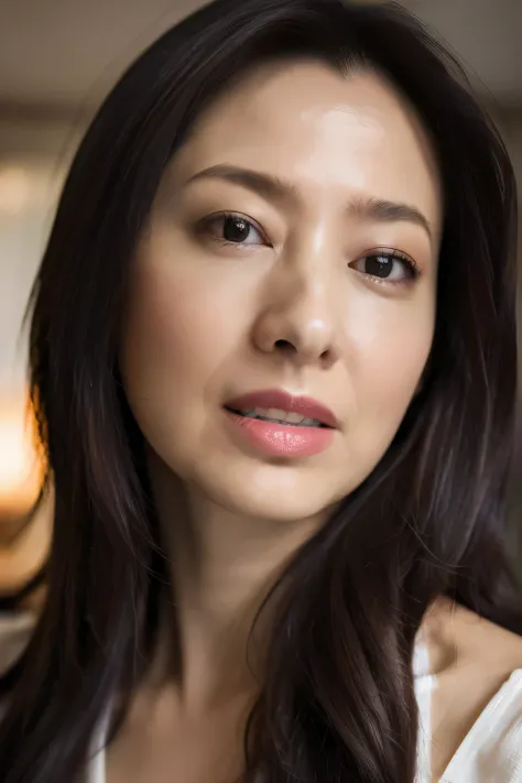 One Girl,Flying debris,,Award-winning photo, Very detailed, Edge Orgasm,Face Focus, (Woman with open mouth and open eyes ), 30 years old、Black Hair、Glowing Skin、Face close-up,From below、Realistic nostrils、Long and narrow nasal cavity,、((camisole))、Big Brea...