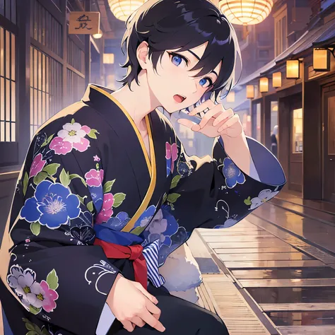 (25-year-old male:1.3) and(Black short hair) and (blue eyes), (looking at viewer:1.5), upper body、Hands on head、 masterpiece、Highest quality、 (Blue) and (yukata),Serious,(open mouth:1.5),The background is a Japanese-style corridor at night,