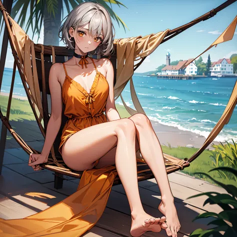 masterpiece, Highest quality, Perfect Face, Highest Resolution, Highest quality,Detailed depiction of the eyes, 1 girl, young, dark tan skin, slate gray hair, short hair, upturned eyes, Yellow Orange eyes, Perfect Anatomy, ribbon choker, barefoot, Seaside ...