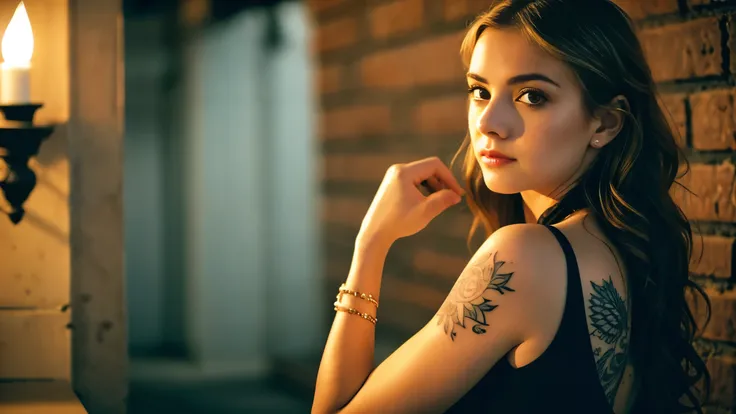 tatuados,Beautiful blonde with big breasts in a black dress、(Back tattoo、Many tattoos on both arms and neck)、 (Late night back alley、walk),Candlelight only,Very detailed, 21 years old, Innocent face, Wavy Hair, blue eyes, High resolution, masterpiece, High...