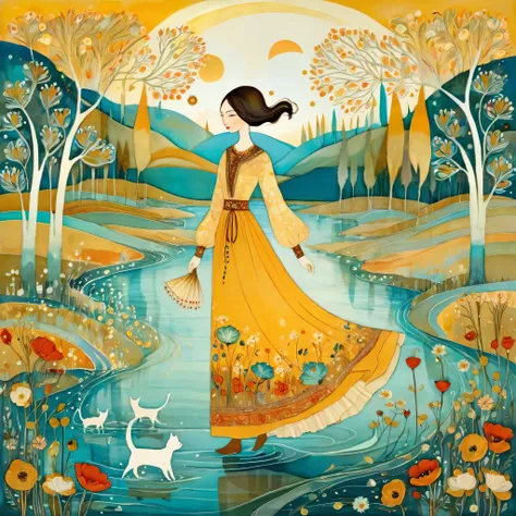 In the style of Albena Vatcheva. Stylized figures. Ethereal woman, wearing a wide skirt with flower and leaf motifs, walks on the waters of a river, on the banks of the river turquoise cats walk. In the background mustard-colored sunshine, hills, birch tre...