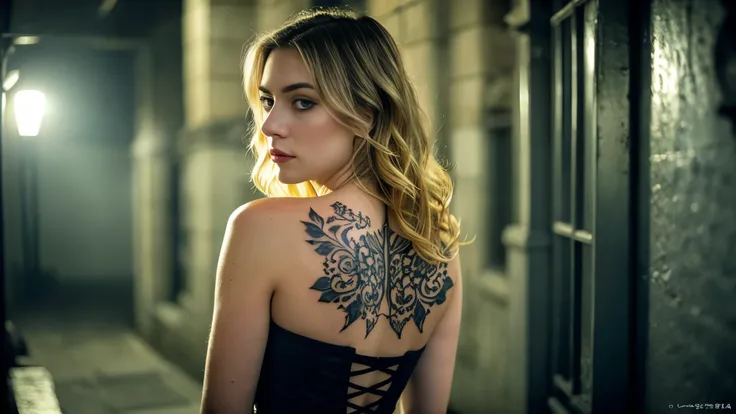 tatuados,Beautiful blonde with big breasts in a black dress、(Back tattoo、Many tattoos on both arms and neck)、 (Late night back alley、walk),Candlelight only,Very detailed, 21 years old, Innocent face, Wavy Hair, blue eyes, High resolution, masterpiece, High...