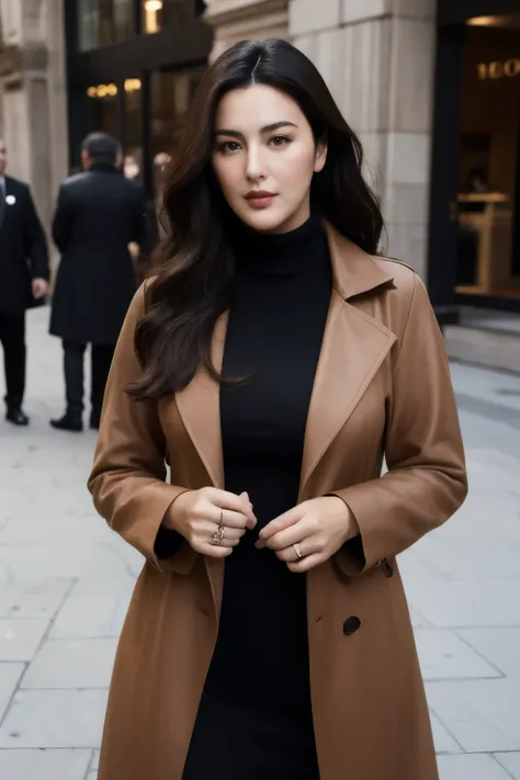 A beautiful, charming,and gorgeous  look alike of young Monica Bellucci wearing a professional fitting brown coat suit In a crowded street.