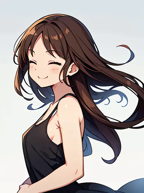 woman、Tank top、Hair is fluttering in the wind、Long Straight、From the side、F Cup、Brown Hair、smile、Eyes closed、No background、Background white