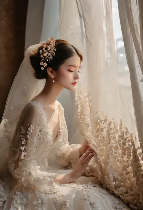 (((masterpiece))), (((Highest quality))), ((Super detailed)), ((very delicate and beautiful)), (The highest masterpiece:1.4),delicate,８ｋ,Fabric Wallpaper((Generate cloth only:1.4)),(Fabric filling the screen:1.4)Collage fabric,ghostwhite,tulle,Pearl orname...