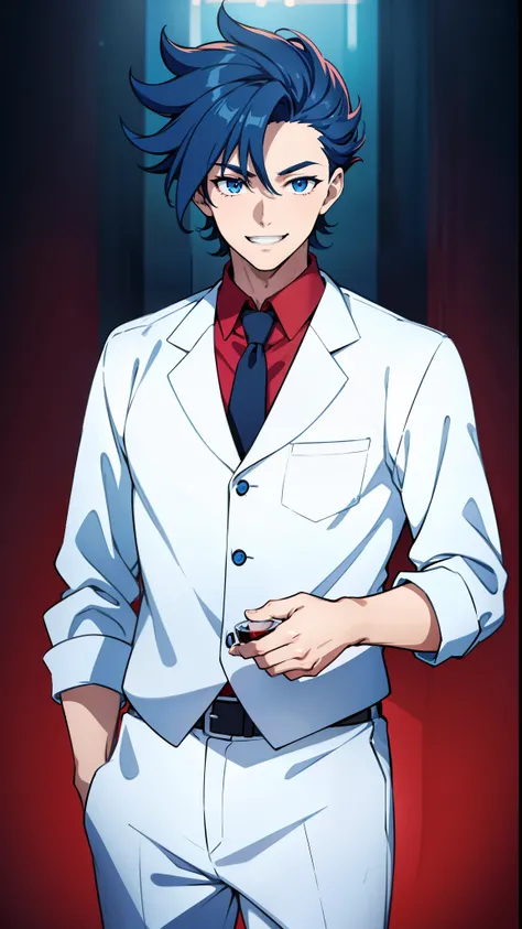 anime boy, smiling, teeth, happy, wide smile, holding glass, dark blue hair, blue eyes, red clothes, white shirt, (beautiful and aesthetic:1. 5), thick black lineart, clean lineart, perfect lineart, moody lighting, gritty, intense, sharp lineart, best qual...