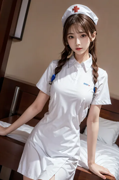 (Ultra HD), (Nurse uniform:1.8, Nurse cap:1.2), Big Breasts, (Slimness:1.8), whole body, Standing posture, (Clean and shiny skin, Whitening, No makeup), (Super slim face, Super beautiful face), (Blonde Ponytail, Layered Cut, Fluffy hair), (double eyelid, S...