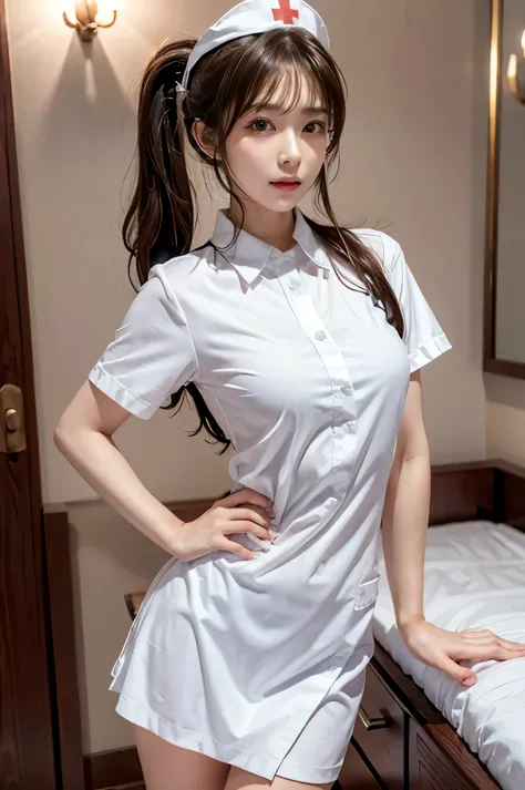 (Ultra HD), (Nurse uniform:1.8, Nurse cap:1.2), Big Breasts, (Slimness:1.8), whole body, Standing posture, (Clean and shiny skin, Whitening, No makeup), (Super slim face, Super beautiful face), (Blonde Ponytail, Layered Cut, Fluffy hair), (double eyelid, S...