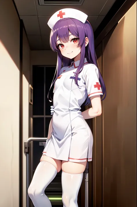 1boy, solo, male focus, nurse, white nurse cap, white nurse uniform, ((white legwear, zettai ryouiki)), white gloves, long hair, purple hair, red eyes, smile, standing, ((hospital room)), sharp outline, short sleeves, shota, 12 years old, best quality, mas...