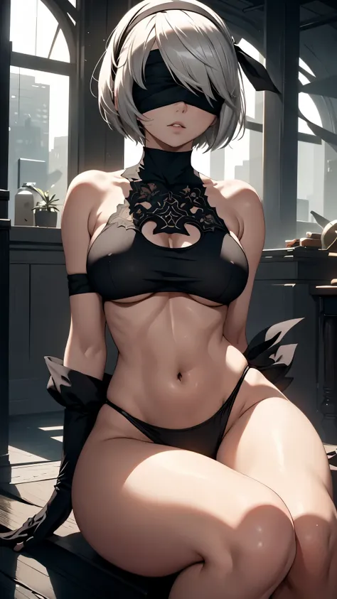 1gir(YoRHa 2-gou B-gata "2B" - Nier: Automata),(black blindfold:1.5), black hairband, blindfold, hairband, short hair, white hair, beautiful detailed lips detailed face, exquisite facial features, high cheekbones, long eyelashes, elegant neck, slender femi...