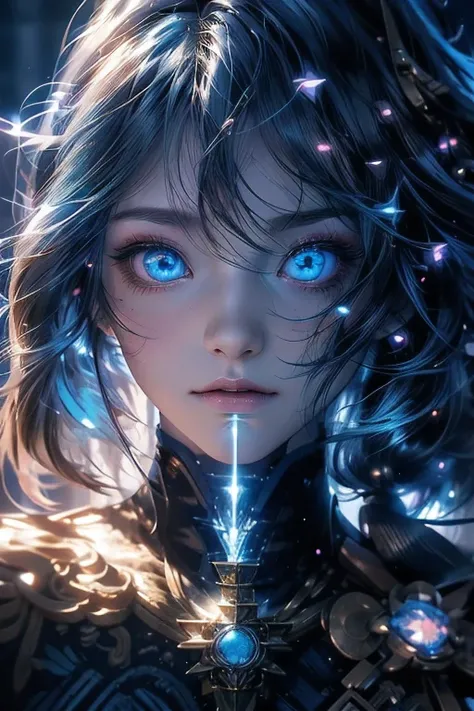 anime girl with blue eyes and blur hairs with yellow tessel, an anime drawing by Yang J, trending on cg society, fantasy art, stunning anime face portrait, detailed digital anime art, beautiful anime face, anime style 4 k, aqua eyes, Blue glowing eyes, wit...