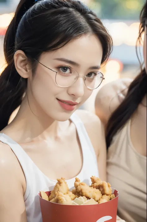 (((best quality))),(((ultra detailed))),(((masterpiece))),illustration,((2 beautiful girls)),(short ponytail:1.2),(glasses:1.3),((slim,thin)),((small breasts,flat chest)),(KFC outlet:1.3),summer,(night scene:1.3),(white tank top:1.3), brightly lit backgrou...