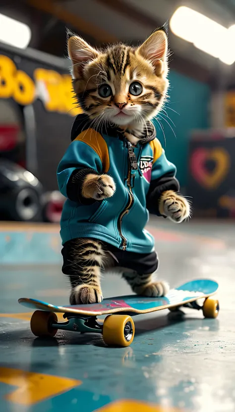 ((8k)), highest quality, 超High resolution, (High resolution), A kitten is wearing skateboard wear, Skateboarding, Skateboarding rink, Loud cheers from the audience
