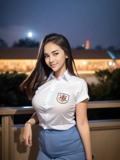 1girl, (uniform), standing, outdoors, night view, detailed Metropolitan city at the background, detailed face, little smile, detailed eyes, big breasts, smooth realistic skin, semi-curvy body, white shirt, grey blue miniskirt, looking at the audience, (8k,...
