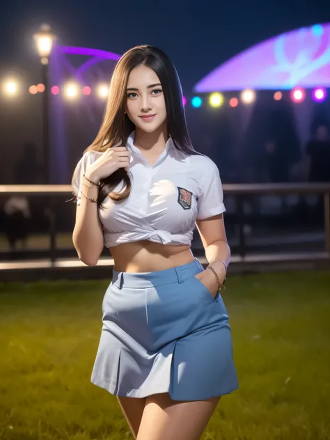 1girl, (uniform), standing, outdoors, night view, detailed Metropolitan city at the background, detailed face, little smile, detailed eyes, big breasts, six pack abs, smooth realistic skin, semi-curvy body, white shirt, grey blue short skirt, looking at th...