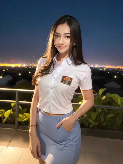 1girl, (uniform), standing, outdoors, night view, detailed Metropolitan city at the background, detailed face, little smile, detailed eyes, medium large breasts, six pack abs, smooth realistic skin, semi-curvy body, white shirt, grey blue short skirt, look...