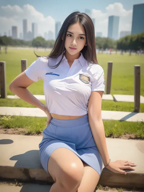 1girl, solo, (uniform), detailed Metropolitan city at the background, above head, thick breasts, Sixpack abs, smooth realistic skin, tight white shirt, grey blue short skirt, looking at the audience, high angle shot,(8k, RAW photo, best quality, masterpiec...