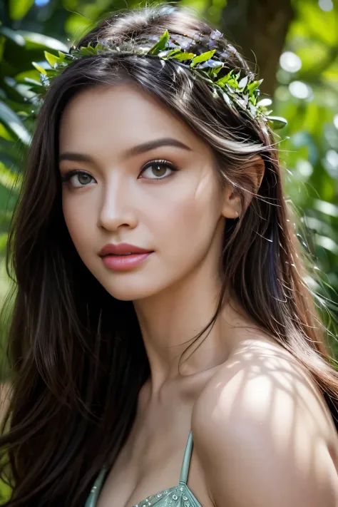 a girl in a lush jungle, beautiful detailed eyes, beautiful detailed lips, extremely detailed eyes and face, longeyelashes, barefoot, wearing a leaf crown, holding a bird, detailed nature, (best quality,4k,8k,highres,masterpiece:1.2),ultra-detailed,(realis...